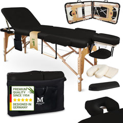 MASSUNDA All INKL Chaise de Massage Pliante et réglable en Hauteur – Table de Massage Mobile en Bois Massif avec Housse en éponge, accoudoirs et dossiers, appuie-tête Ergonomique (Noir)