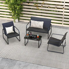 Salon de Jardin 4 Pices avec 2 Chaises Table en Verre Tremp et Causeuse Meuble Extrieur en Tissu Respirant Cadre Mtallique Noir -