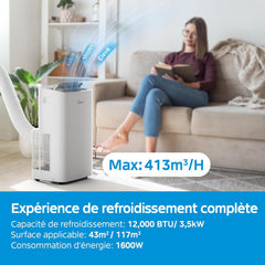 MIDEA Climatiseur Mobile Silencieux 12000 BTU avec Évacuation - Climatisation Portable Prêt à Poser 3500W - Clim Réversible Split Mobile - 4 modes avec Kit de Fenêtre et App Control