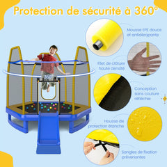 Trampoline Extérieur Ø 223cm avec Toboggan&Echelle avec Filet de Sécurité 2 Portes en U Charge 270kg pour 2-3 Enfants de 3 Ans+ Bleu/Vert -