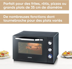 SEVERIN Four posable XXL à Chaleur Tournante 60 L avec pierre à pizza et tournebroche 2 200 W design simple et élégant, Four électrique avec minuteur 120 min, Noir/Inox, TO 2073