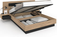 IDMarket - Lit Coffre Santa avec Tables de chevets intégrées et sommier 140x190cm Couleur Bois et Noir