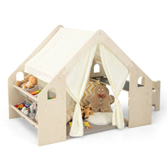 Tente de Jeu d'Intérieur en Bois pour Enfants 6 en 1 Tableau Noir Table Chaise 6 Bacs de Rangement Coussin de Sol Maison de Jeu pour 2-6 ans Beige -
