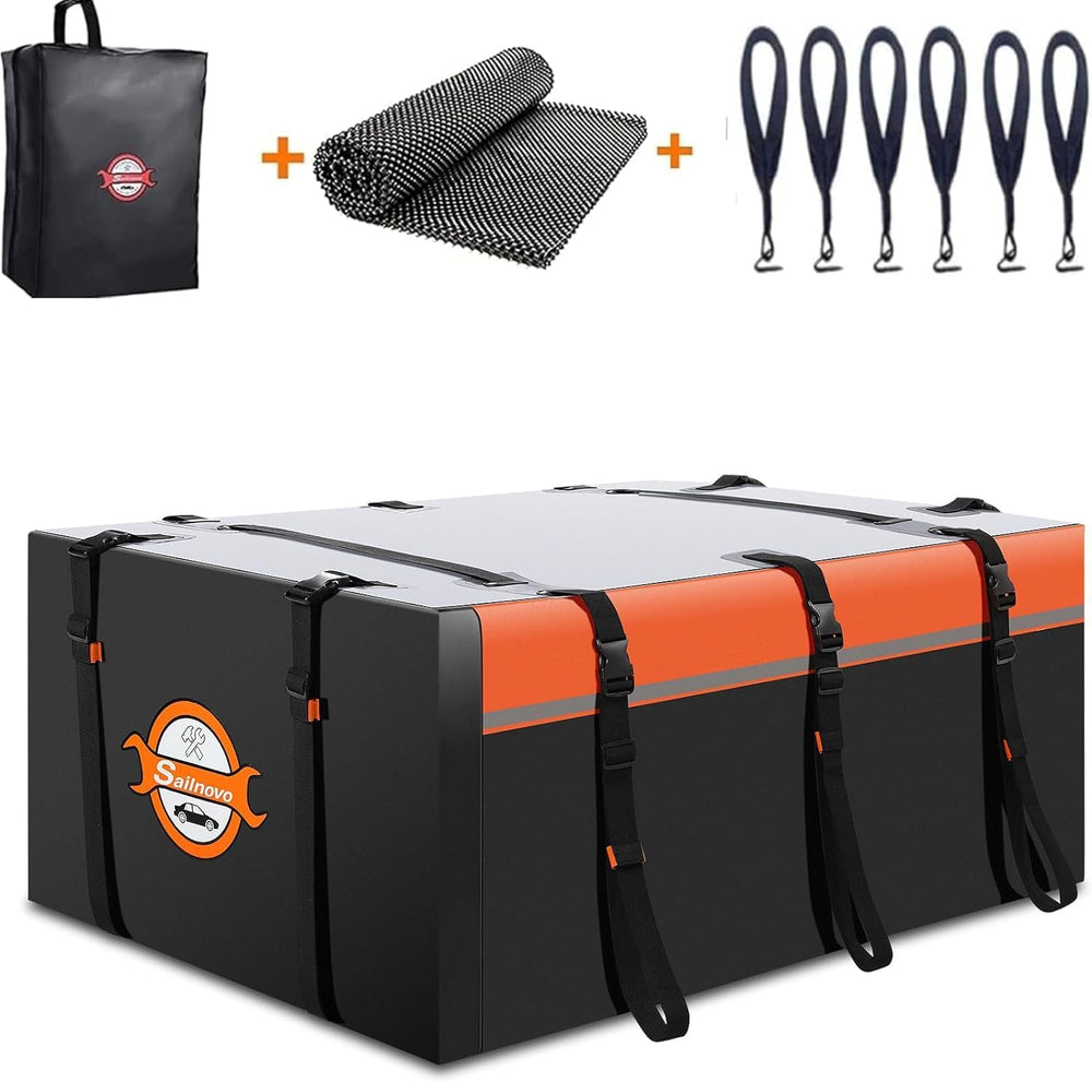 Sailnovo Coffre de Toit Souple de 0,6 m³ avec Tapis antidérapant + 6 Crochets de Porte, Sac de Toit imperméable en PVC pour Voiture avec/sans Porte-Bagages, Noir