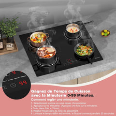Plaque Induction 4 Feux Encastrable 6400W, Plaque de Cuisson Induction Zone Flexible, Plaque Electrique 60cm, Fonction Pause, 9 Niveaux, Controle tactile, Minuterie, Serrure pour Enfants