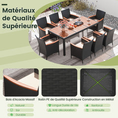 Salon de Jardin en Rotin 9 Pices Plateau de Table en Acacia Ensemble de Salle Manger avec Coussins Amovibles Trou Charge 180KG Beige+Noir -