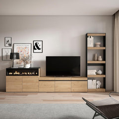 Skraut Home | Ensemble Meuble TV | Meuble Salon Complet | 310x186x35cm | pour Les TV jusqu'à 65" | Cheminée électrique | Style Moderne | Chêne et Noir