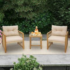 Salon de Jardin avec 1 Table et 2 Fauteuils en Bois d'Acacia et Rotin Anti-UV Pieds Réglables Coussins avec Zip Nautel -