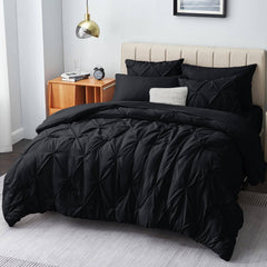 CozyLux Queen Comforter Set - 7 Pieces Comforters Queen Size Black, Pintuck Bed in A Bag Pinch Pleat Complete Bedding Sets with Comforter, Flat
