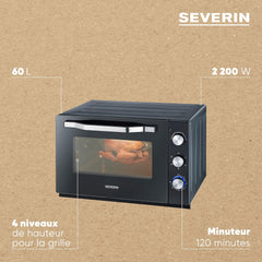 SEVERIN Four posable XXL à Chaleur Tournante 60 L avec pierre à pizza et tournebroche 2 200 W design simple et élégant, Four électrique avec minuteur 120 min, Noir/Inox, TO 2073