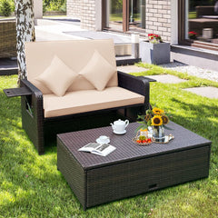 Salon de Jardin Extrieur Ajustable Lit,2 Place avec Stockage Cach,Dossier Rglable 4 Niveaux en Rotin PE -