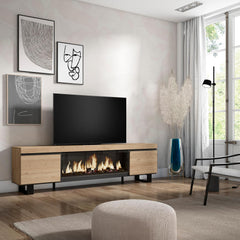 Skraut Home | Meuble TV | Banc Télé | Grand Espace de Rangement | 210 | pour Les TV jusqu'à 80" | Cheminée électrique XXL | Design Industriel | Style Moderne | Chêne