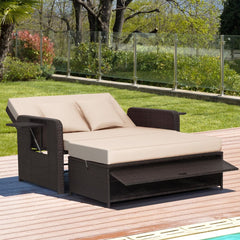 Salon de Jardin Extrieur Ajustable Lit,2 Place avec Stockage Cach,Dossier Rglable 4 Niveaux en Rotin PE -