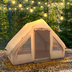 Tente de Camping Gonflable 6 m² pour 4-6 Personnes Tente en Coton Coupe-vent et Imperméable avec Pompe 7 Fenêtres à Moustiquaire Beige -