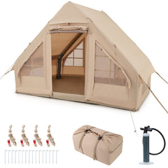 Tente de Camping Gonflable 6 m² pour 4-6 Personnes Tente en Coton Coupe-vent et Imperméable avec Pompe 7 Fenêtres à Moustiquaire Beige -