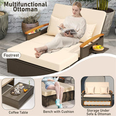 Patio Rattan Daybed with Adjustable Backrest, 2-Person Outdoor Wicker Loveseat with Storage Ottoman, Acacia Wood Armrest & Folding Tray