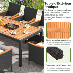 Salon de Jardin en Rotin 9 Pices Plateau de Table en Acacia Ensemble de Salle Manger avec Coussins Amovibles Trou Charge 180KG Beige+Noir -