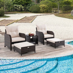 Meubles de Patio 5 Pices Ensemble de Canap d'Extrieur en Rotin avec 2 Chaises 2 Poufs et 1 Table Basse Coussins Doux Plateau en Verre Tremp Beige -