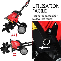 Motobineuse Motoculteur Électrique 1200W Profondeur Travail 22CM Largeur 35CM avec Poignée Pliable Roues Réglables 4 Lames -