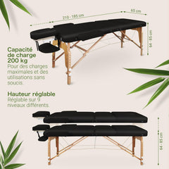 MASSUNDA All INKL Chaise de Massage Pliante et réglable en Hauteur – Table de Massage Mobile en Bois Massif avec Housse en éponge, accoudoirs et dossiers, appuie-tête Ergonomique (Noir)