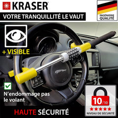 KRASER KR940B Antivol Voiture à Code Sécurité Maximale, Canne Jaune Plus Visible et Dissuasif, Robuste Bloque Volant avec Marteau d'Urgence, Bloc Barre Anti Vol Universel pour Auto, Camping-Car