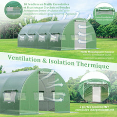 Serre de Jardin Tunnel Cadre en Acier Galvanisé Robuste Serre Tunnel Coupe-vent avec Cerceau 8 Fenêtres Enroulables Vert -