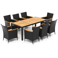 Salon de Jardin en Rotin 9 Pices Plateau de Table en Acacia Ensemble de Salle Manger avec Coussins Amovibles Trou Charge 180KG Beige+Noir -