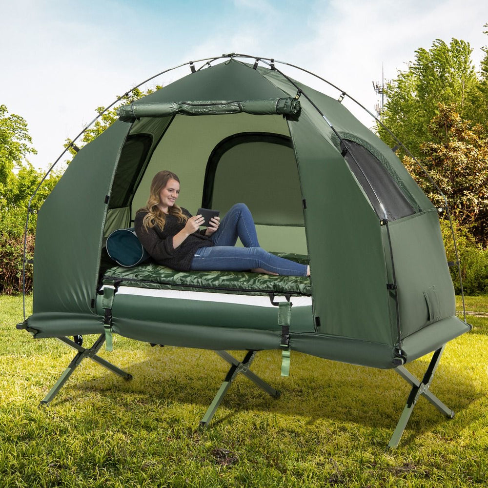 Tente de Camping avec Lit pour 1 Personne Lit de Camping Pliant 5 en 1 avec Matelas Pneumatique Oreiller Sac de Couchage Tente Surleve tanche -