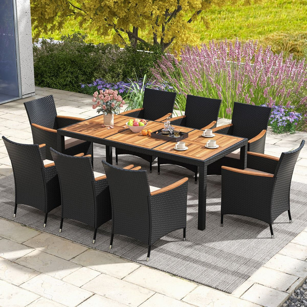 Salon de Jardin en Rotin 9 Pices Plateau de Table en Acacia Ensemble de Salle Manger avec Coussins Amovibles Trou Charge 180KG Beige+Noir -