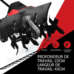 Motobineuse Motoculteur Électrique 1500W Profondeur Travail 22CM Largeur 43CM avec Poignée Pliable Roues Réglables 6 Lames -