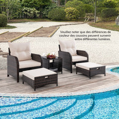 Meubles de Patio 5 Pices Ensemble de Canap d'Extrieur en Rotin avec 2 Chaises 2 Poufs et 1 Table Basse Coussins Doux Plateau en Verre Tremp Beige -