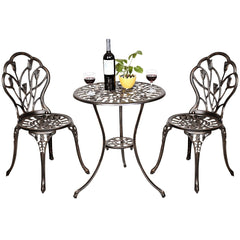 Salon de jardin avec 1 table ronde et 2 chaises en fonte d’aluminium Style rétro avec motif tulipe avec trou de parasol -