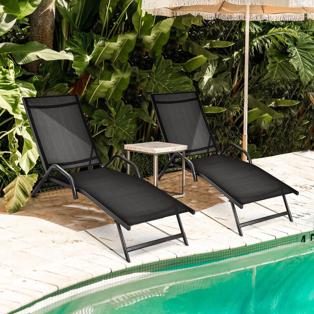 Lot de 2 Bains de Soleil Inclinables d'Extrieur avec Accoudoirs et Dossier Rglable 5 Positions Charge 160 kg Noir -