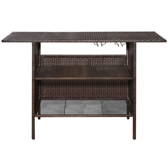 Table de Bar de Jardin en Rsine Tresse avec 2 Etagres de Rangement 2 de Rails pour Porte-Verres Marron -