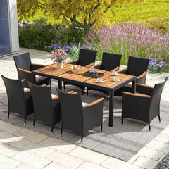 Salon de Jardin en Rotin 9 Pièces Plateau de Table en Acacia Ensemble de Salle à Manger avec Coussins Amovibles Trou Charge 180KG Beige+Noir -