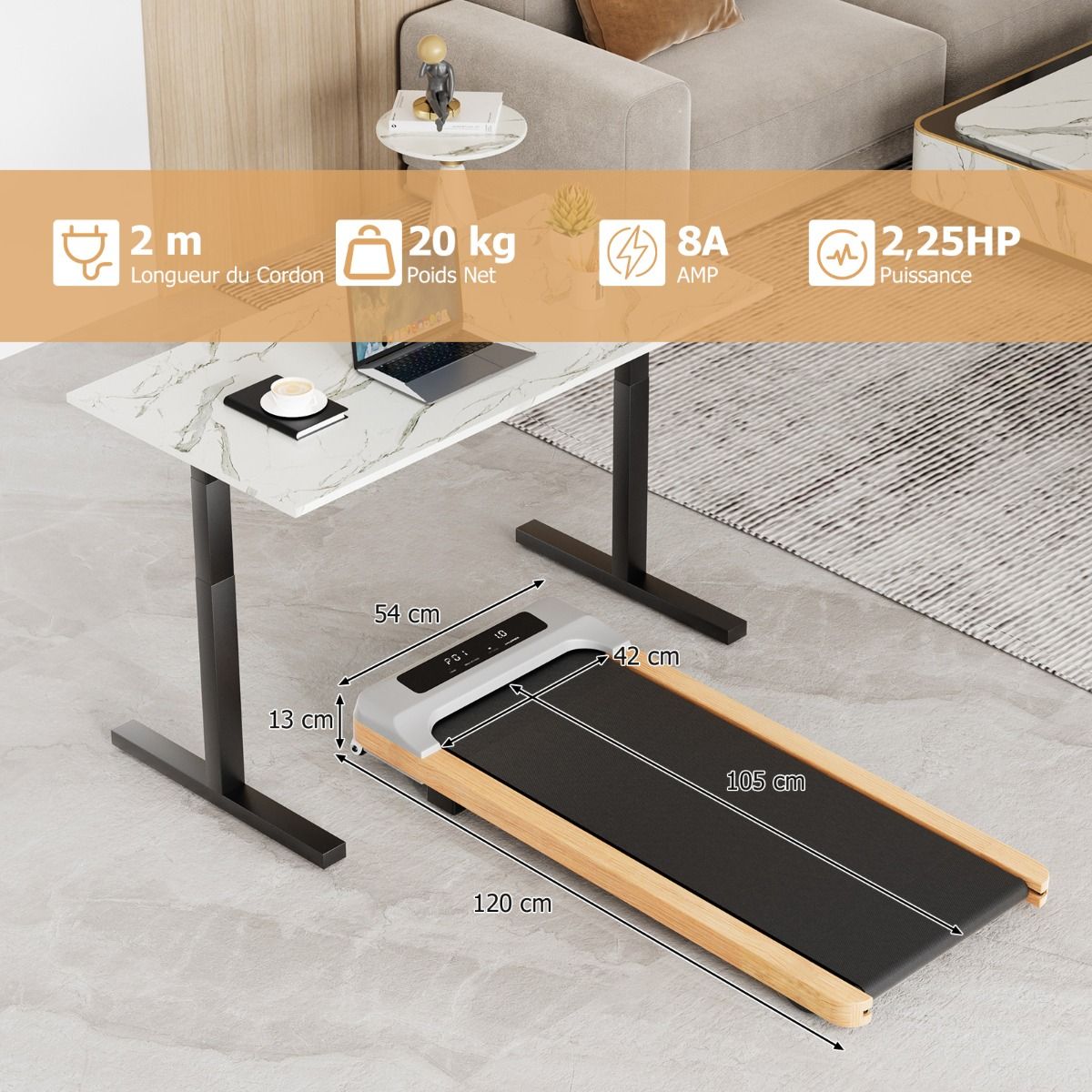 Tapis de Course Électrique 1,3-6KM/H Moteur 2,25HP à Roulettes Charge 120 kg avec Télécommande Écran LED 15 Programmes Gris -