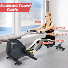Rameur Magntique Rsistance 8 Niveaux Pliable 2 Roues Flexibles Rail Coulissant en Aluminium Ecran LCD Support d'Appareil -