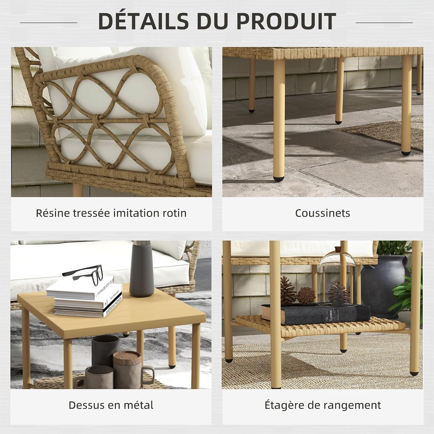 Outsunny Salon de Jardin Exterieur 4 Personnes 3 pièces avec 1 Table Basse Coussins Grand Confort Inclus résine tressée crème