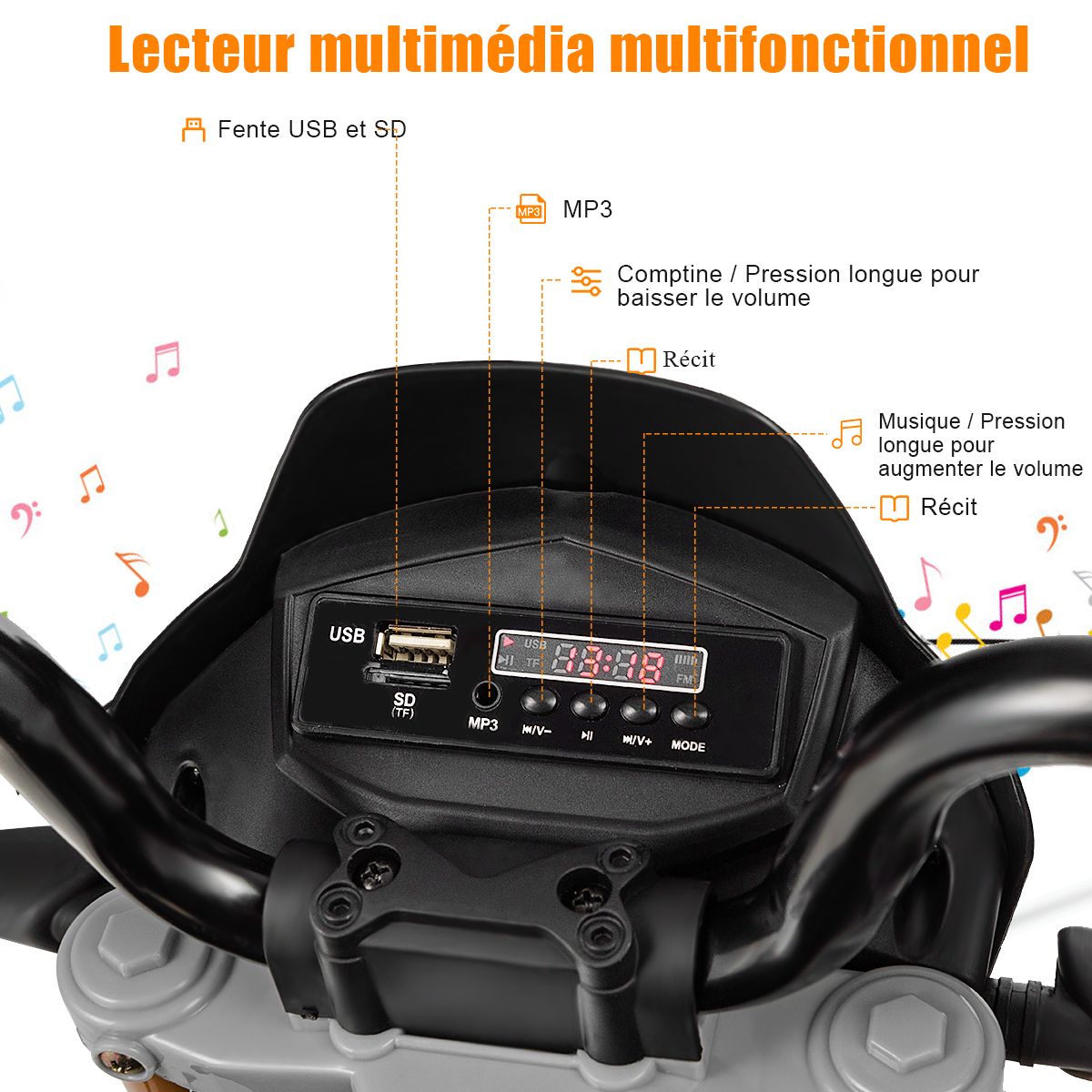 Moto Electrique pour Enfants 12V avec Lumières LED Musique MP3 Roues Antidérapantes pour Garçons et Filles 37 95 mois -