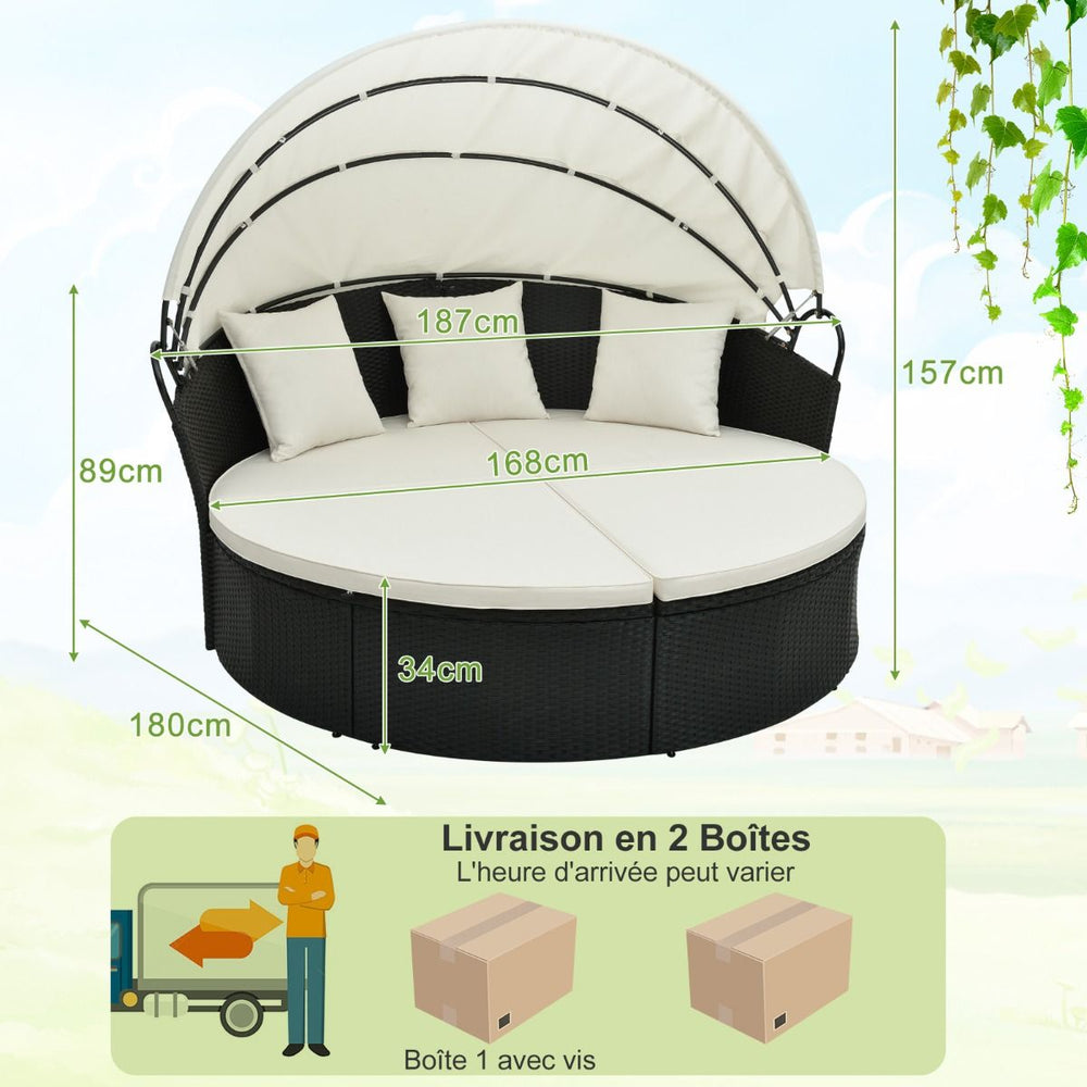 Lit Canap de Jardin Rond en Rotin PE Auvent Rtractable Coussins et Oreillers Amovibles Salon de Jardin Modulable Blanc -