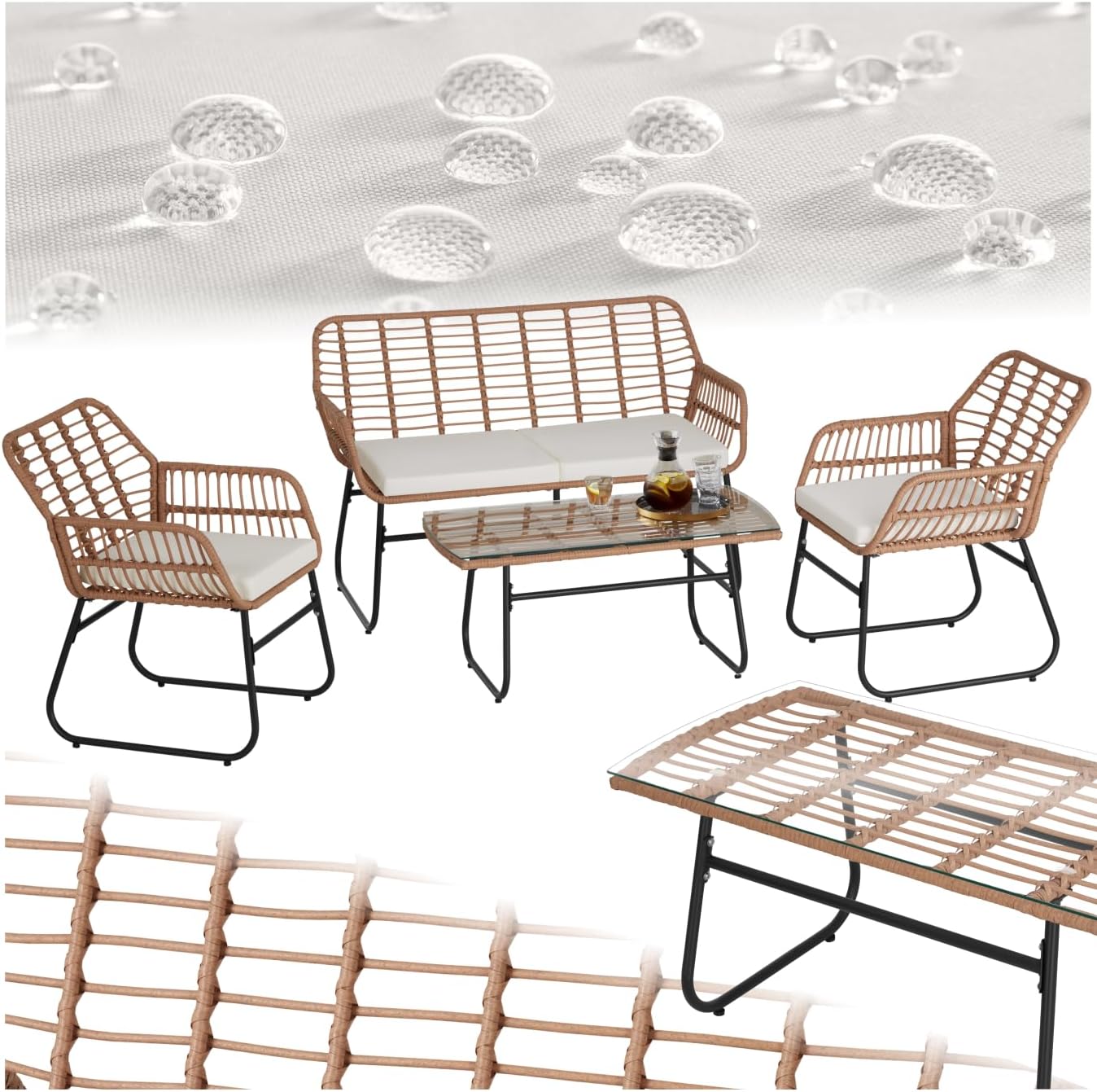 TecTake® Salon de Jardin Extérieur en Poly Rotin 4 Personnes Ensemble Canapé 2 Places 2 Fauteuil Salon et Table de Jardin, Coussins Amovibles Inclus, Amenagement Balcon Terrasse Veranda