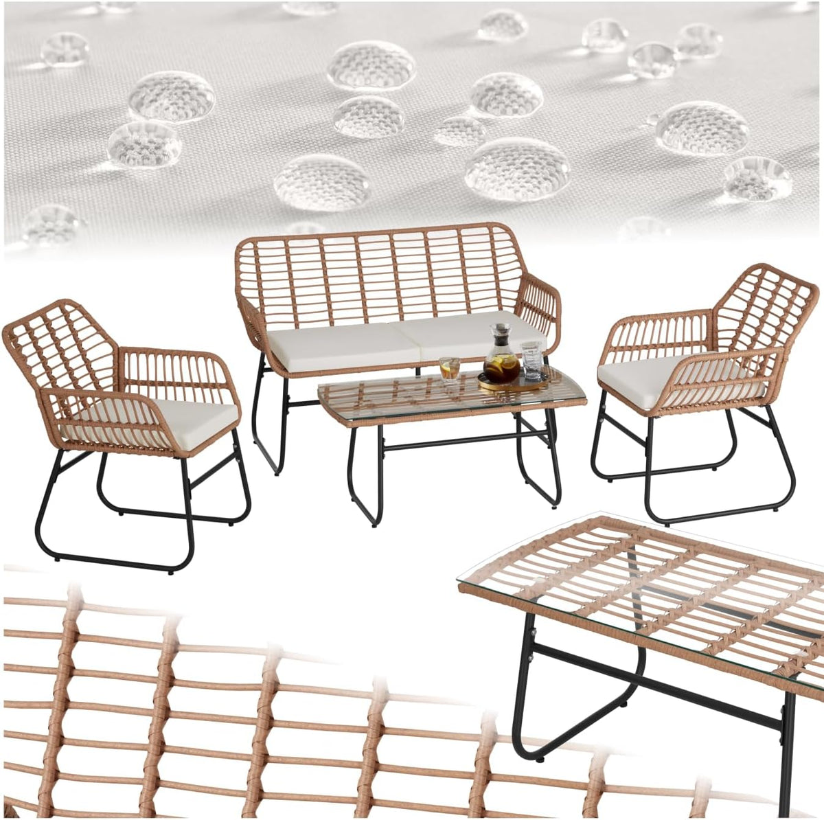 TecTake® Salon de Jardin Extérieur en Poly Rotin 4 Personnes Ensemble Canapé 2 Places 2 Fauteuil Salon et Table de Jardin, Coussins Amovibles Inclus, Amenagement Balcon Terrasse Veranda