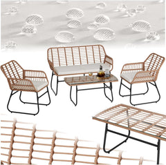 TecTake® Salon de Jardin Extérieur en Poly Rotin 4 Personnes Ensemble Canapé 2 Places 2 Fauteuil Salon et Table de Jardin, Coussins Amovibles Inclus, Amenagement Balcon Terrasse Veranda