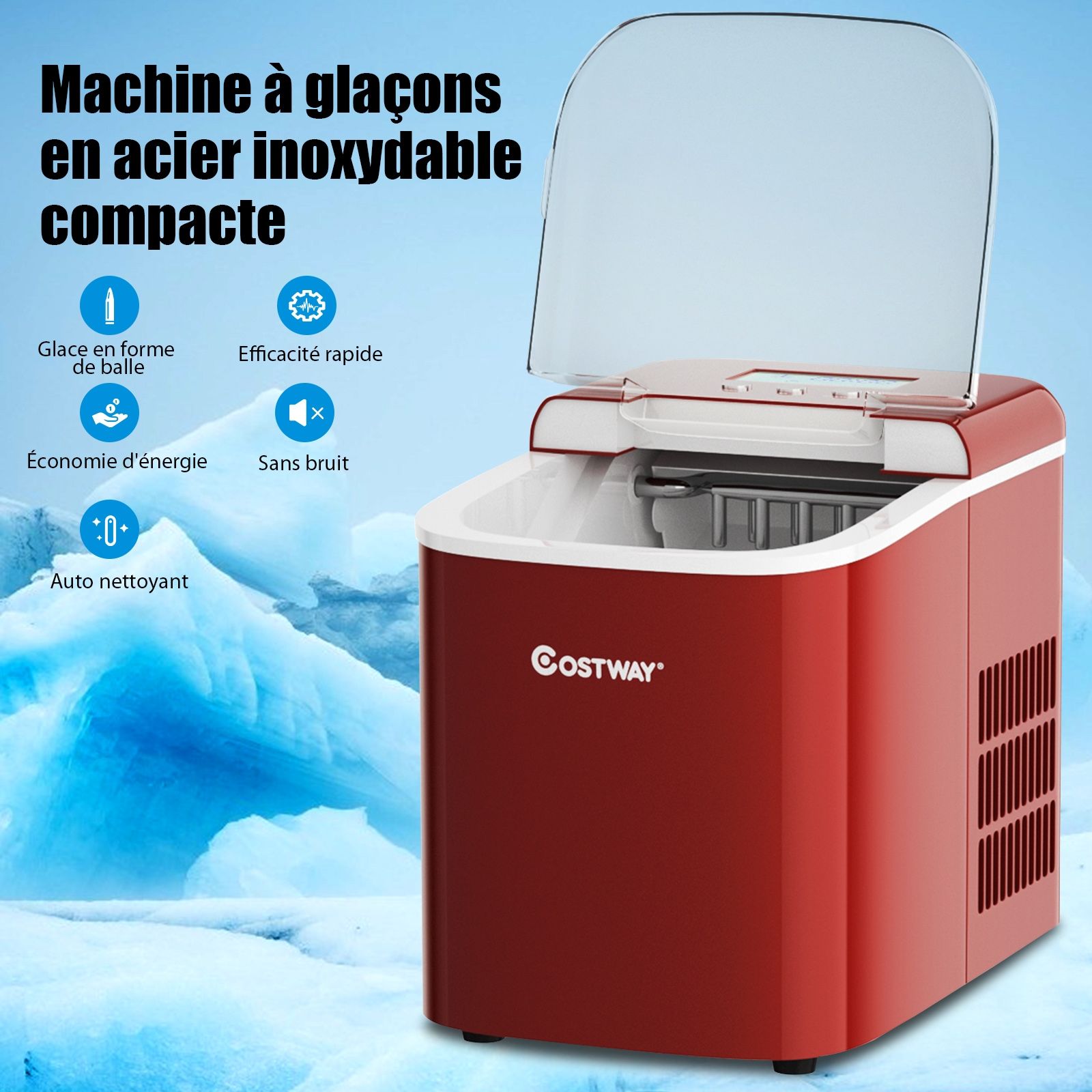 Machine  Glaons 12KG/24H 2 Tailles de Glaons 2,1L Rservoir 9pcs en 7 Minutes Pelle Panier Amovible Comptoir Maison Rouge -