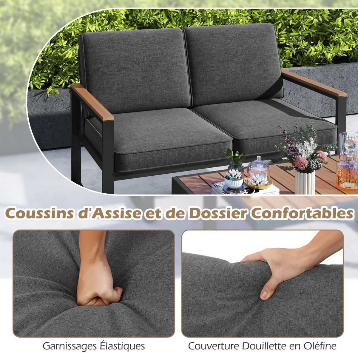 Salon de Jardin 2 Pièces avec Table Basse Causeuse Ensemble de Meubles d'Extérieur en Aluminium avec Accoudoirs Gris -