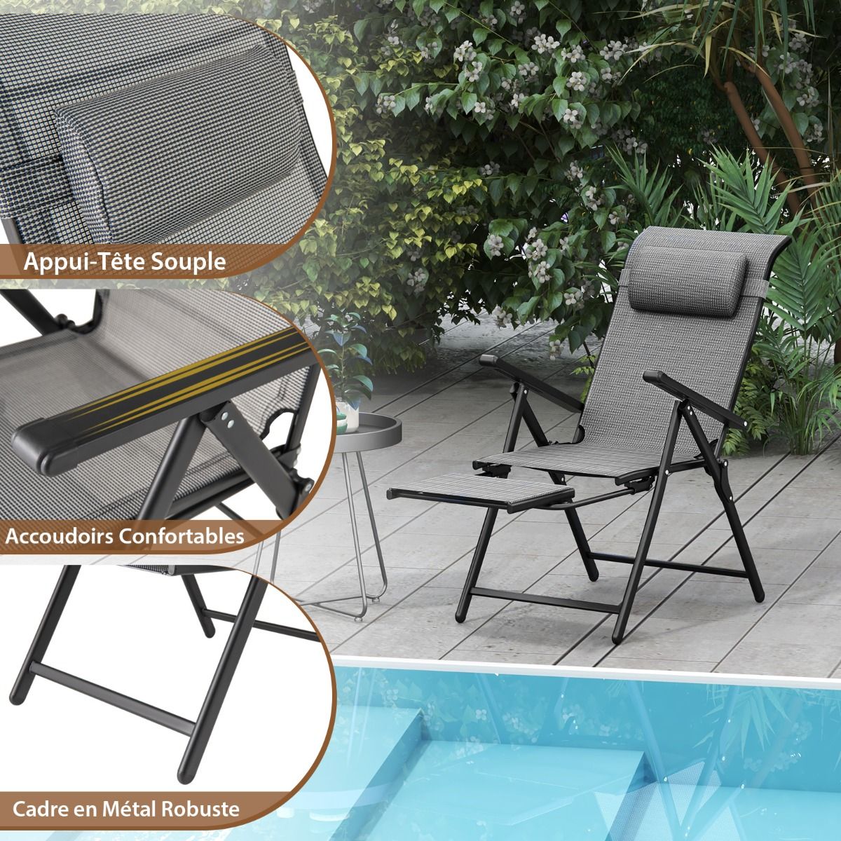 Lot de 2 Chaises Longues Pliantes et Inclinables Dossiers et Accoudoirs Réglables à 10 Niveaux Repose-Pied Rétractable Capacité 150 Kg Gris -