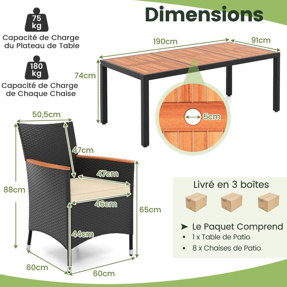 Salon de Jardin en Rotin 9 Pices Plateau de Table en Acacia Ensemble de Salle  Manger avec Coussins Amovibles Trou Charge 180KG Beige+Noir -