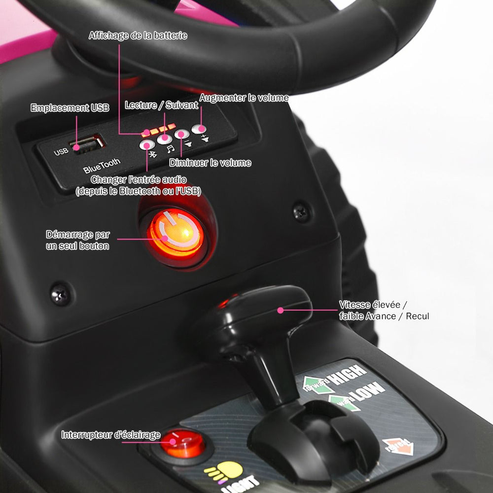 Tracteur Electrique avec Remorque pour Enfants 3 Vitesses Lumires LED Fonctions o USB et Bluetooth Jaune/Rose/Rouge/Vert/Vert Fonc/Noir -