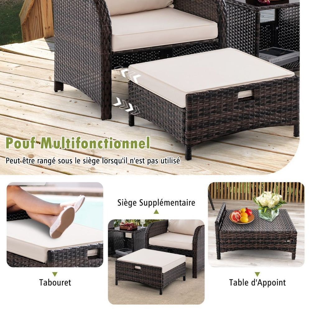 Meubles de Patio 5 Pices Ensemble de Canap d'Extrieur en Rotin avec 2 Chaises 2 Poufs et 1 Table Basse Coussins Doux Plateau en Verre Tremp Beige -