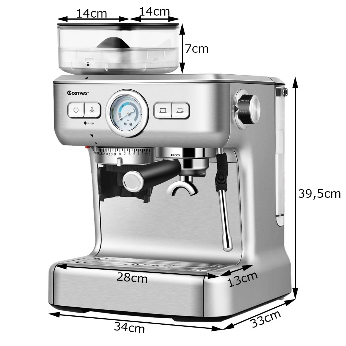 Machine à Café Automatique avec Broyeur à Grains 1350W 30 Niveaux de Poudre de Café Réglables Température Réglable -